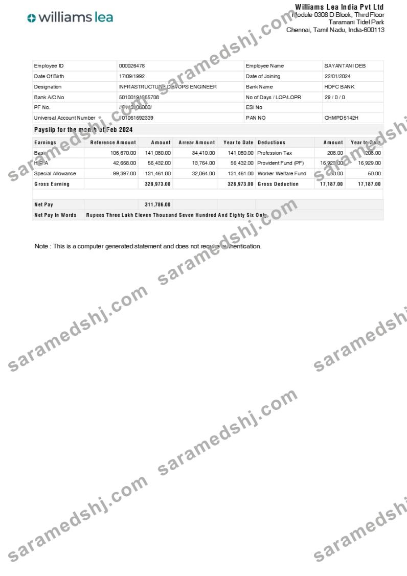 Williams Lea India corporate office payslip template in Word and PDF formats.pdf, 1
